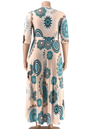 XL-5XL new batch printing stretch V-neck loose stylish casual maxi dress with belt 3#