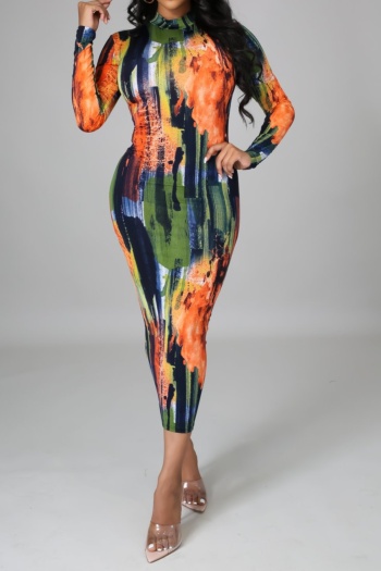 plus size multicolor batch printing autumn zip-up stretch slim midi dress (with belt)