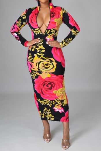 plus size new style multicolor batch printing autumn zip-up stretch slim midi dress (with belt)