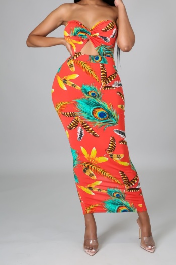 summer plus size new stylish batch printing hollow out strapless stretch maxi dress