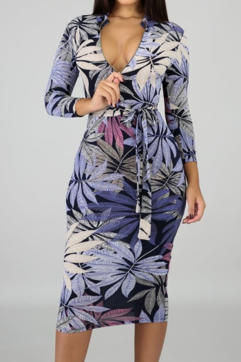 autumn new stylish plus size zip-up leaf batch printing stretch tight midi dress(with belt)