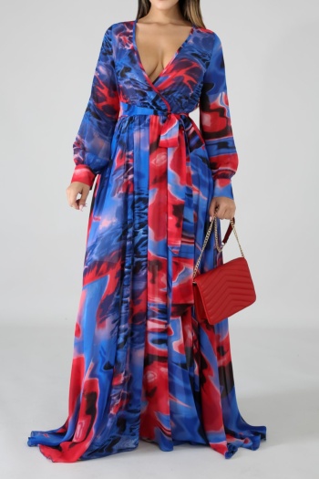 autumn multicolor batch printing plus size v-neck new fashion stretch maxi dress (with belt)