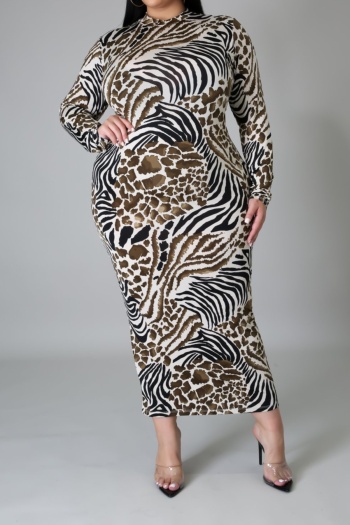autumn new stylish plus size xl-5xl leopard batch printing long sleeve stretch midi dress