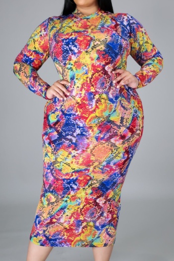 plus size xl-5xl multicolor snakeskin batch printing autumn zip-up stretch midi dress