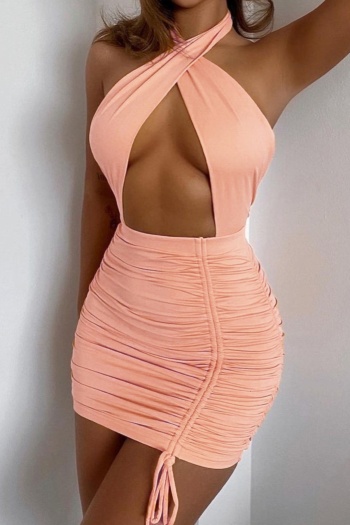 xs-l new solid color double-layer design stretch halter-neck hollow drawstring pleated sexy bodycon mini dress