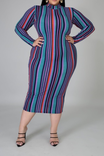 plus size xl-5xl multicolor streak batch printing autumn zip-up stretch midi dress