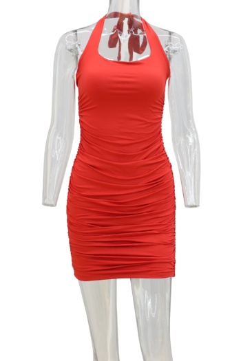 Summer three colors solid color halter neck new stylish stretch mini dress
