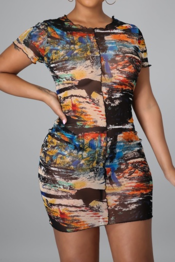 plus size summer multicolor batch printing round neck mesh sexy stretch slim mini dress #2#