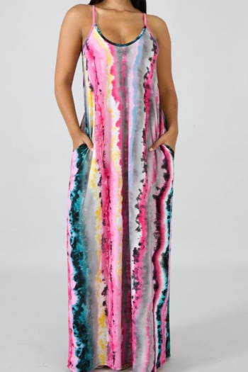 summer plus size multicolor batch printing sling v-neck stretch loose maxi dress (no belt)