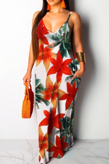 summer plus size flowers batch printing sling v-neck stretch loose maxi dress