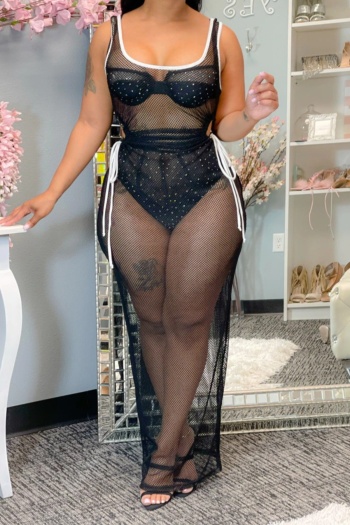 plus size summer mesh see through no lining sleeveless lace-up sexy back high split maxi dress
