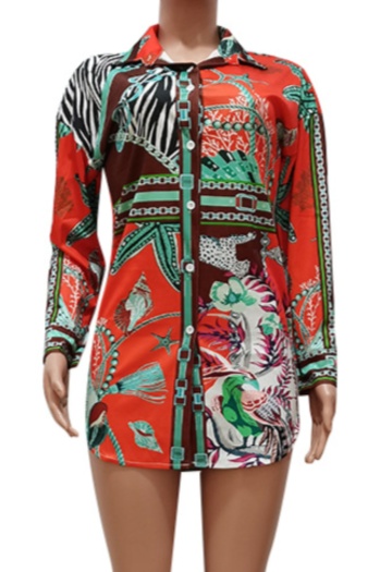 Single breasted batch printing autumn 2 colors plus size new stylish stretch mini dress (no belt)