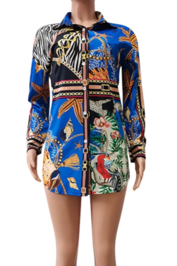 Single breasted batch printing autumn 2 colors plus size new stylish stretch mini dress (no belt)