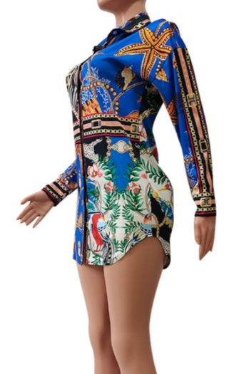 Single breasted batch printing autumn 2 colors plus size new stylish stretch mini dress (no belt)