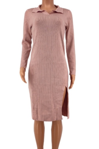 Autumn solid color knitted stretch turndown collar low-slit stylish midi dress