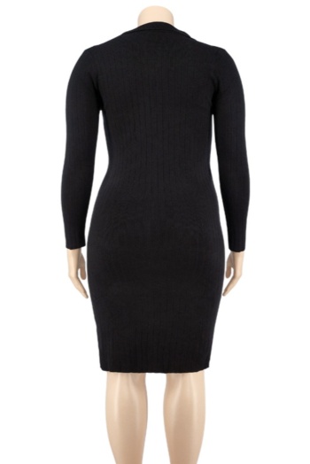 Autumn solid color knitted stretch turndown collar low-slit stylish midi dress