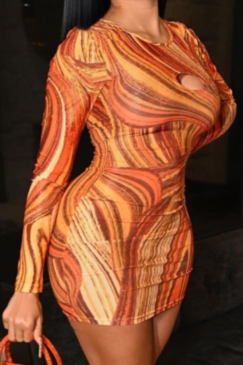 Plus size batch printing autumn long sleeve hollow out stretch tight mini dress