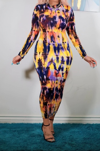 autumn multicolor batch printing zip-up plus size new fashion stretch tight midi dress (with belt)