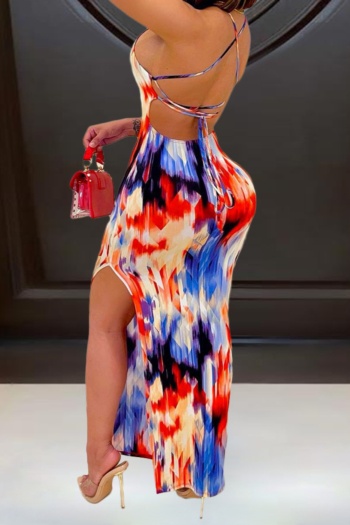 plus size summer multicolor tie-dye stretch backless lace-up midi-slit sexy maxi dress