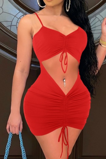 seven colors plus size summer solid color hollow out drawstring sexy stretch mini dress