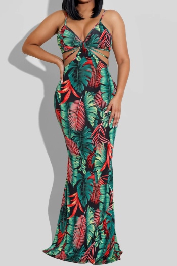 summer batch printing plus size sling v-neck hollow out stretch maxi dress