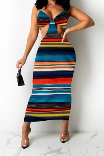 Summer multicolor steak batch printing sling hollow out plus size stretch sexy midi dress
