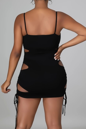 Plus size solid color 4 colors hollow out summer drawstring stretch sexy mini dress