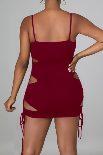 Plus size solid color 4 colors hollow out summer drawstring stretch sexy mini dress