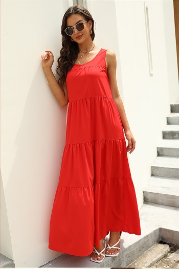 summer new solid color inelastic sleeveless stylish simple maxi dress