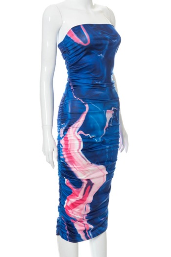 Summer new style water ripple contrast color printing strapless pleating midi dress