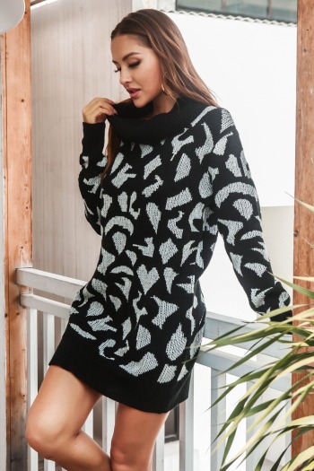 Winter new three colors leopard knitted stretch high-neck casual sweater mini dress
