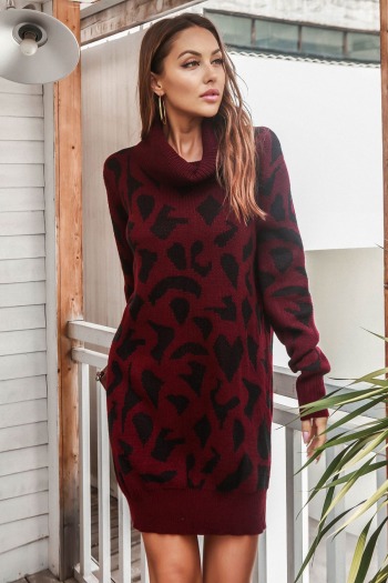 Winter new three colors leopard knitted stretch high-neck casual sweater mini dress