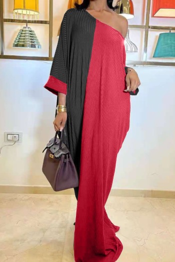 autumn new plus size contrast color spliced stretch boat-neck loose stylish casual maxi dress