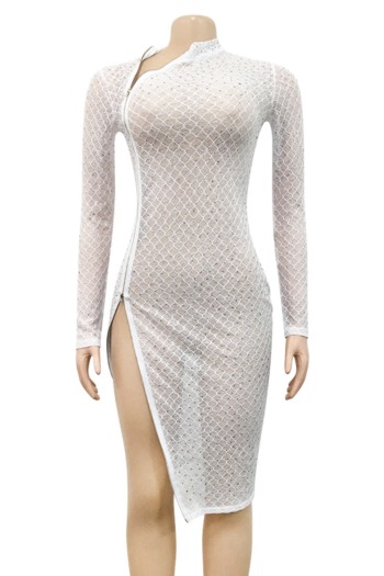 Plus size early autumn mesh rhinestone zip-up stretch sexy mini dress (no panty)