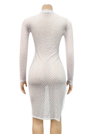 Plus size early autumn mesh rhinestone zip-up stretch sexy mini dress (no panty)