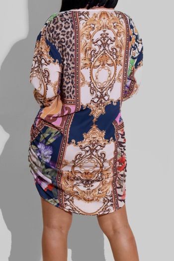 Autumn single breasted plus size leopard & pattern batch printing micro elastic slim mini dress