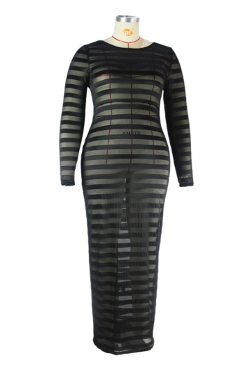 L-4XL early autumn new see through striped mesh stretch backless sexy maxi dress (Without lining)