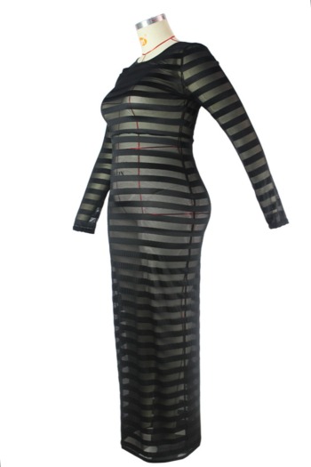 L-4XL early autumn new see through striped mesh stretch backless sexy maxi dress (Without lining)