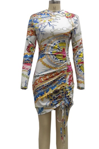 Plus size autumn new stylish batch printing drawstring stretch tight mini dress
