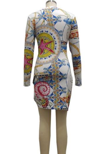 Plus size autumn new stylish batch printing drawstring stretch tight mini dress