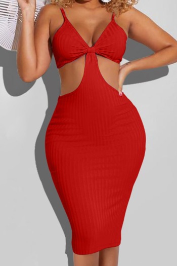 Summer solid color 3 colors sling hollow out new stylish stretch slim midi dress