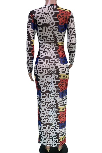 Early autumn new letter batch printing micro see through mesh fabric stretch sexy maxi dress