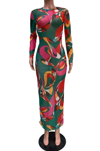 Early autumn new multicolor batch printing micro see through mesh fabric stretch sexy maxi dress