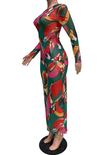Early autumn new multicolor batch printing micro see through mesh fabric stretch sexy maxi dress