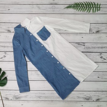 Plus size solid color stitching denim autumn 4 colors single breasted inelastic mini dress