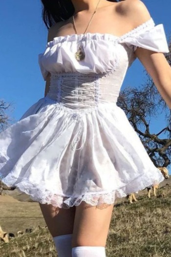 summer lace puff sleeve bandage pleated sexy mini princess dress