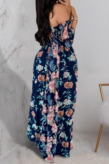 Plus size summer flowers batch printing off shoulder inelastic new stylish maxi dress