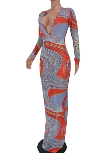 Early autumn new plus size batch printing see through mesh stretch deep v slit sexy maxi dress (Without lining)