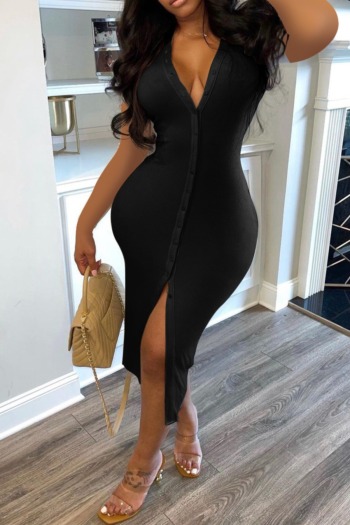 Summer inelastic solid color personality single breasted v-neck tight slim midi dress