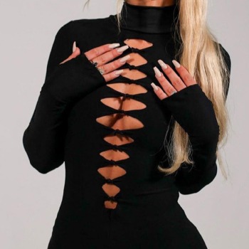 Early autumn long sleeve thumb hole solid color cutout tight sexy mini dress